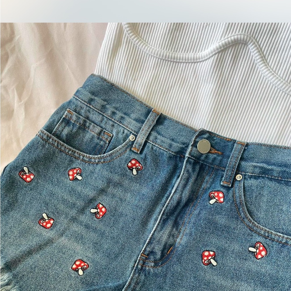 Blue Denim Jeans with Mushroom Embroidery